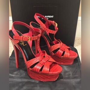 Yves Saint Laurent Red Leather T-Strap Woven Platform Sandals